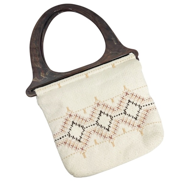 Stitched Fabric Boho 70's inspired unique handbag with acrylic handles - Picture 3 of 8